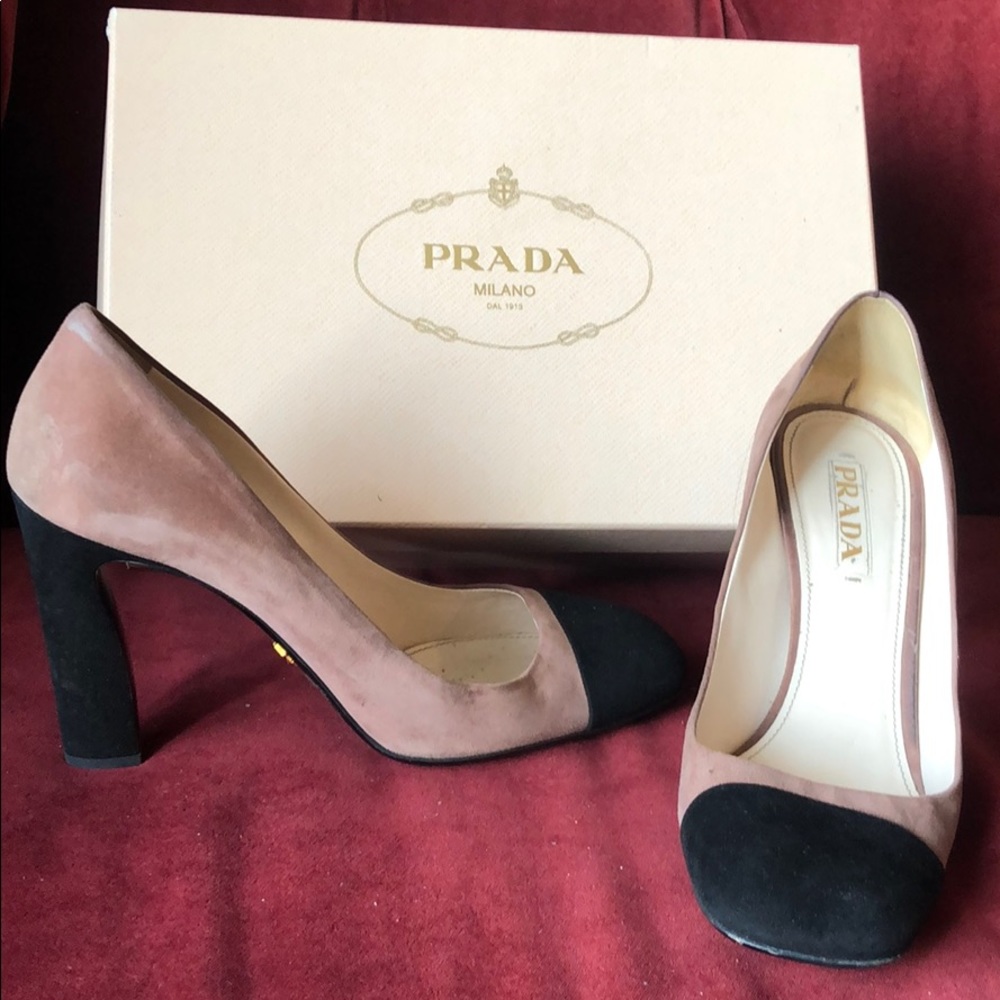 PRADA 2-tone pink/black suede square toe cap pumps